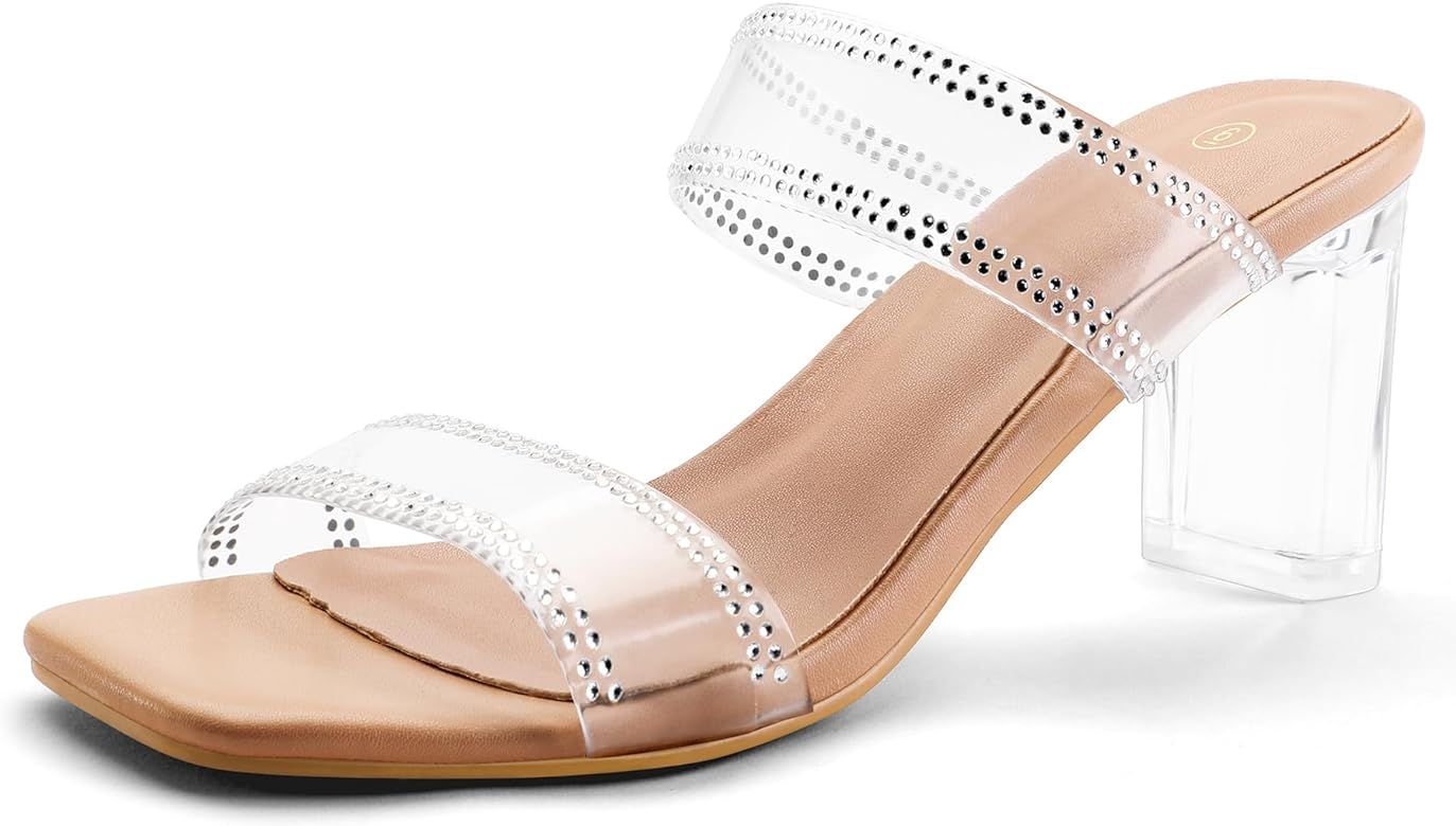 Clear Heels for Women Transparent Two Strap Block Chunky Square Heel Sandals Open Toe Slip On San... | Amazon (US)