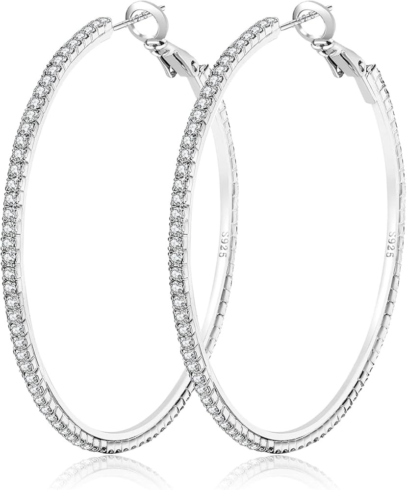 925 Sterling Silver Earrings Large Rhinestone Hoop Earrings Big Cubic Zirconia Hoop Earrings Thin... | Amazon (US)
