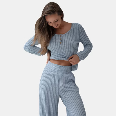 Women's Cozy Ribbed Knit Lounge Set - Cupshe-M-Blue | Target