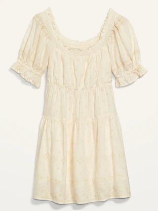 Puff-Sleeve Tiered Smocked Embroidered Mini Swing Dress for Women | Old Navy (US)
