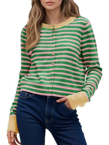 Womens Striped Knit Cardigan Sweater Button Down Long Sleeve Lighweight Color Block Cardigan Top ... | Amazon (US)
