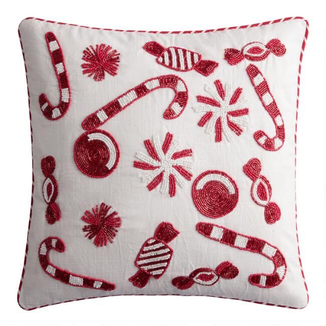 Pier Place Red and White Embroidered Peppermint Throw Pillow | World Market