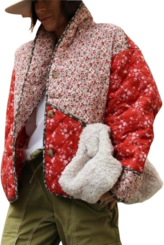 Quilted Jacket Women Printed Flower Patchwork Breasted Short Cardigan 2023 Autumn Chic Ladies | Amazon (US)