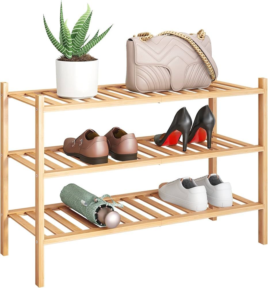 BMOSU 3-Tier Bamboo Shoe Rack Premium Stackable Shoe shelf Storage Organizer For Hallway Closet L... | Amazon (US)