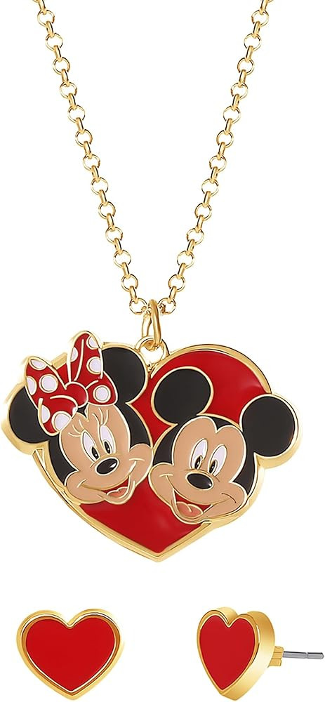 Disney Minnie Mouse Jewelry Set Official License, Gold-Tone and Enamel Necklace and Stud Earrings... | Amazon (US)