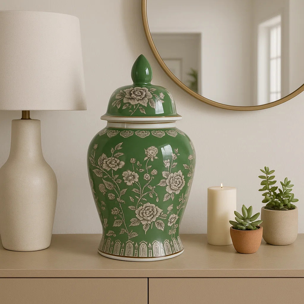 Decorative Bird And Flower Temple Jar With Lid -  Tall Home Decor Accent For Coffee Table - Versa... | Wayfair North America