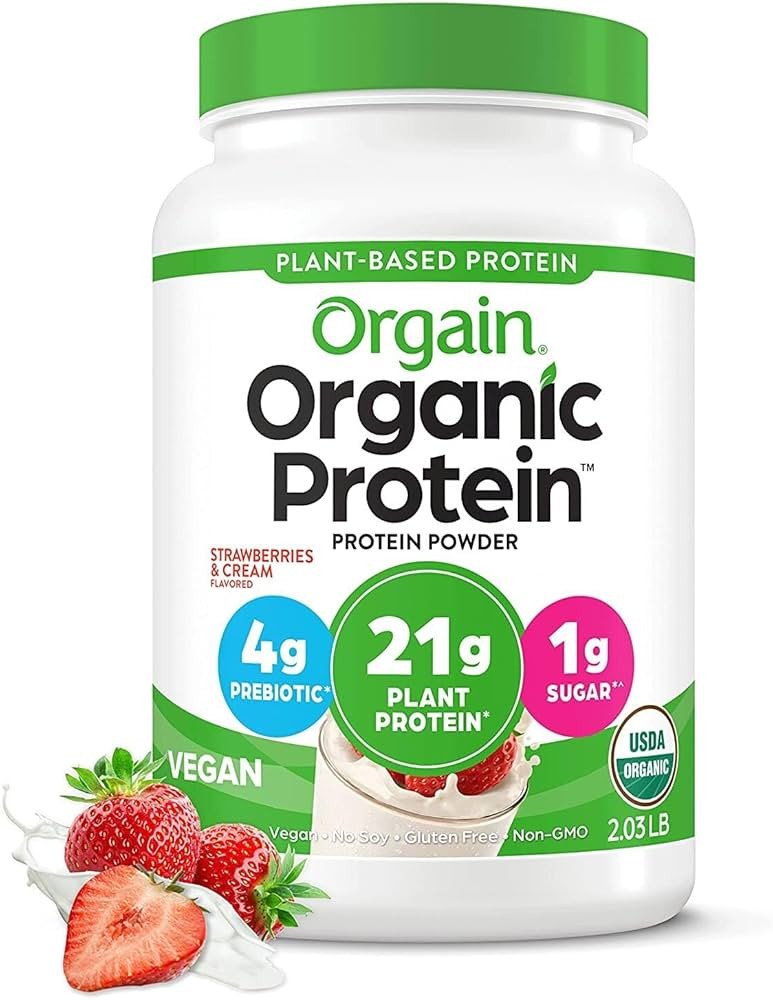 Orgain Organic Vegan Protein Powder, Strawberries & Cream - 21g of Plant Based Protein, Low Net C... | Amazon (US)
