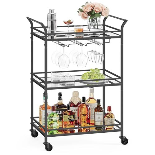 VASAGLE Bar Cart Black, Small Home Bar Serving Cart with 3-Tier Mirrored Shelf, Wine Holders, Glass Holders, for Small Spaces, Kitchen, 15 x 23.6 x 36.2 Inches, Black ULRC100B01 | Amazon (US)