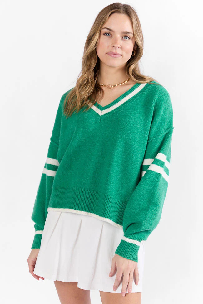 All The Good Green V-Neck Varsity Sweater | Pink Lily