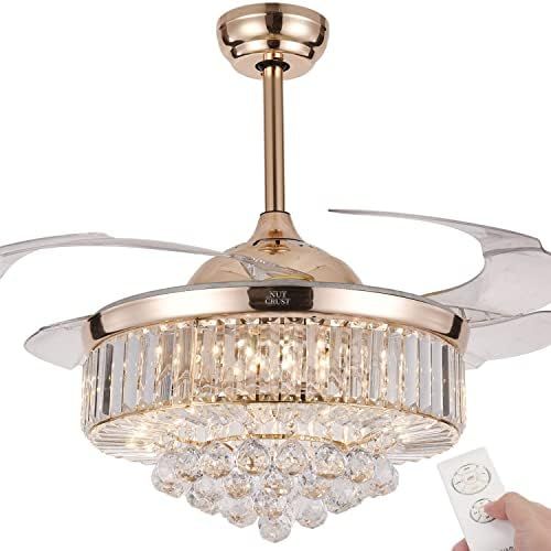 NUTCRUST Retractable Crystal Ceiling Fan, 3 Light Change LED Silent Fan Chandelier with Remote Contr | Amazon (US)