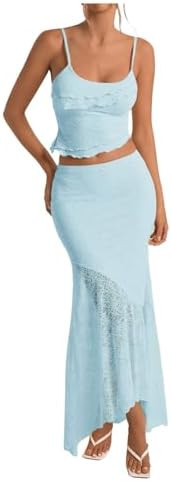 GORGLITTER Women's Two Piece Maxi Skirt Sets Summer Outfits Going Out Lace Asymmetrical Long Skir... | Amazon (US)