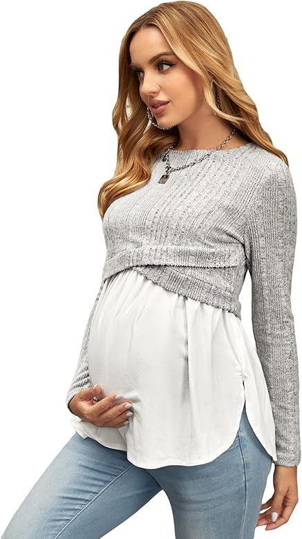 WDIRARA Women's Maternity Colorblock Wrap Ribbed Knit Nursing Tops Long Sleeve Tee Shirt | Amazon (US)