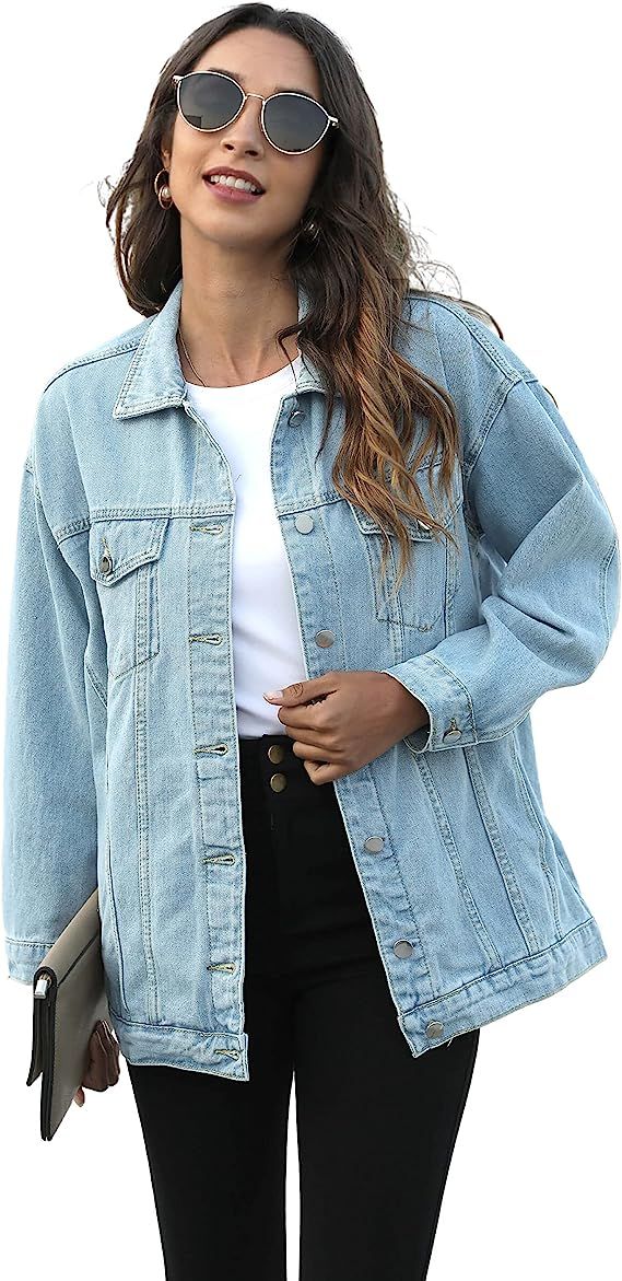 PUWEI Women's Oversized Denim Jacket Distressed Lapel Button Up Long Sleeve Jean Jacket with Pock... | Amazon (US)