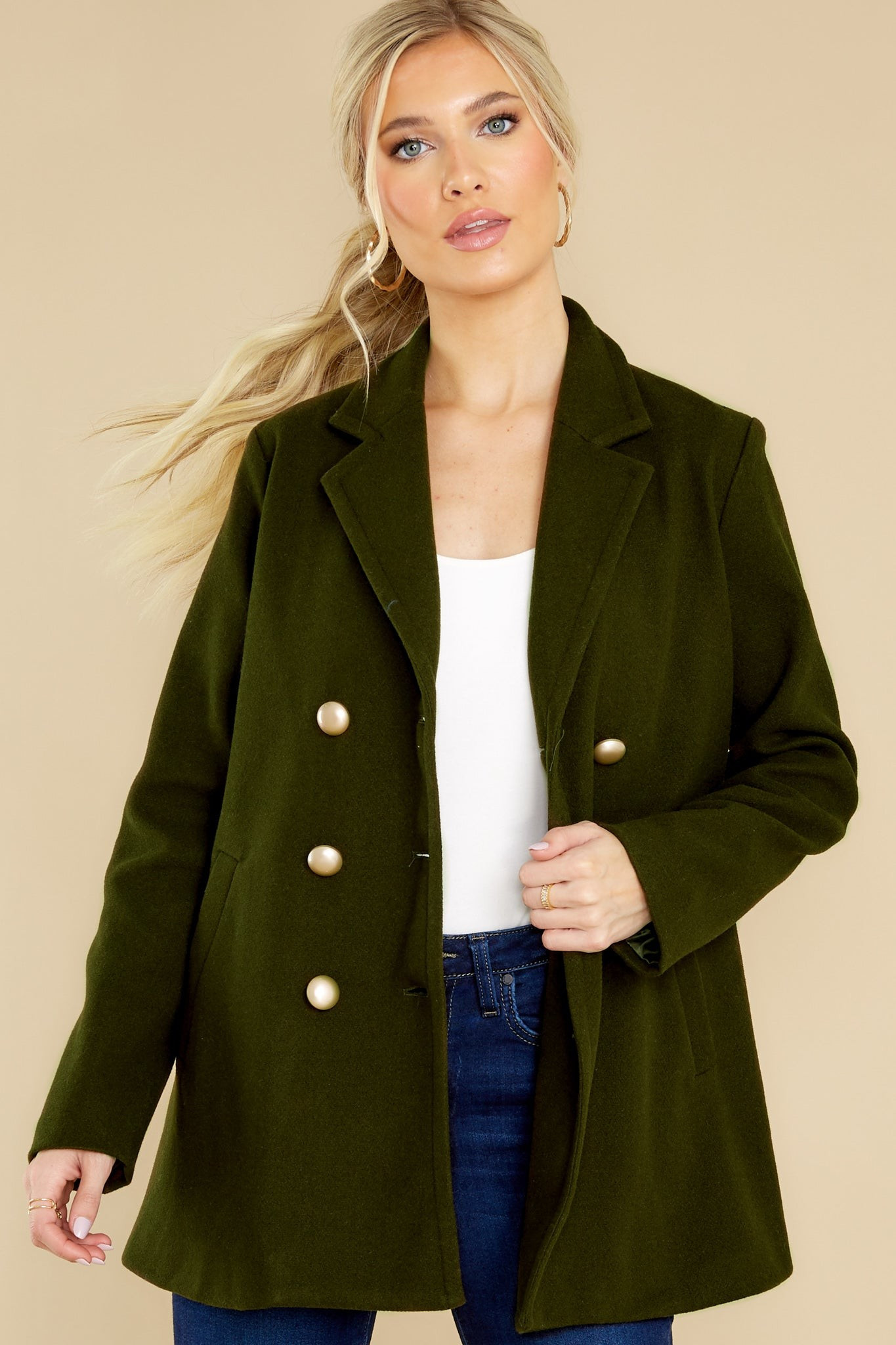 Fit For A Queen Olive Green Coat | Red Dress 