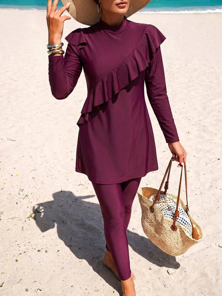 Swim Mulvari Summer Beach Ruffle Trim Full Cover Burkini Swimsuit SHEIN | SHEIN