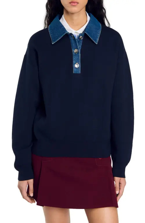 SANDRO Sweater with denim collar in Navy Blue at Nordstrom, Size Large | Nordstrom