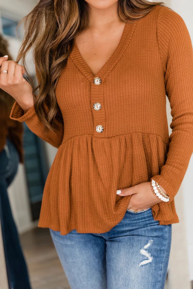 A Marvelous Wish Waffle Knit Blouse Rust | The Pink Lily Boutique