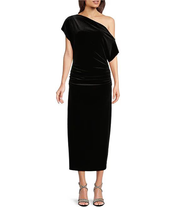 Asymmetric One Off-the-Shoulder Short Sleeve Ruched Midi Velvet Knit Dress | Dillard's