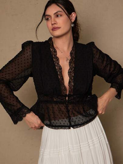 Freevana Plus Size Romantic Elegant Black Lace Patchwork Long Sleeve Blouse For Women | SHEIN
