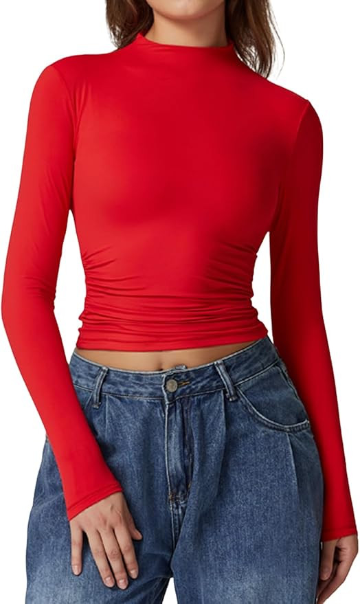 QINSEN Womens Mock Neck Long Sleeve Shirt Double Lined Basic Tees Side Ruched Going Out Crop Tops | Amazon (US)