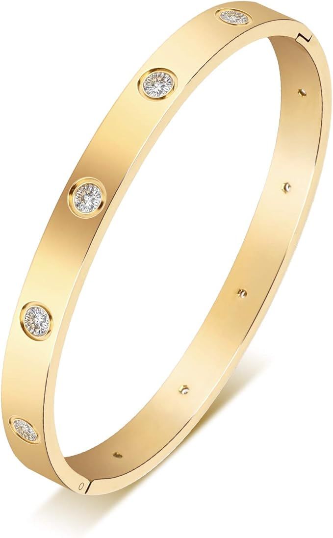 18K Gold Plated CZ Stainless Steel with Crystal Bangle Bracelets for Women Girls Jewelry | Amazon (US)