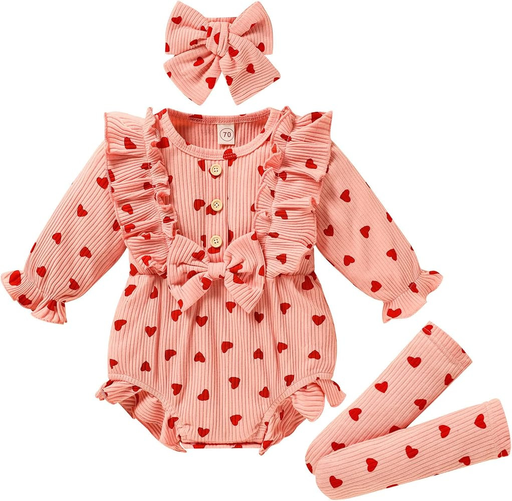 GRNSHTS Newborn Baby Girl Clothes Ruffle Solid Sweater Long Sleeve Romper+Hairband+Socks 3Pcs Fal... | Amazon (US)