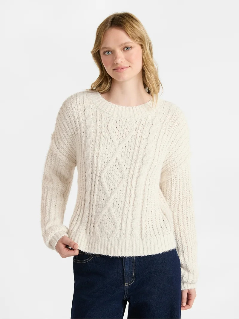No Boundaries Cable Knit Sweater, Midweight, Women's - Walmart.com | Walmart (US)