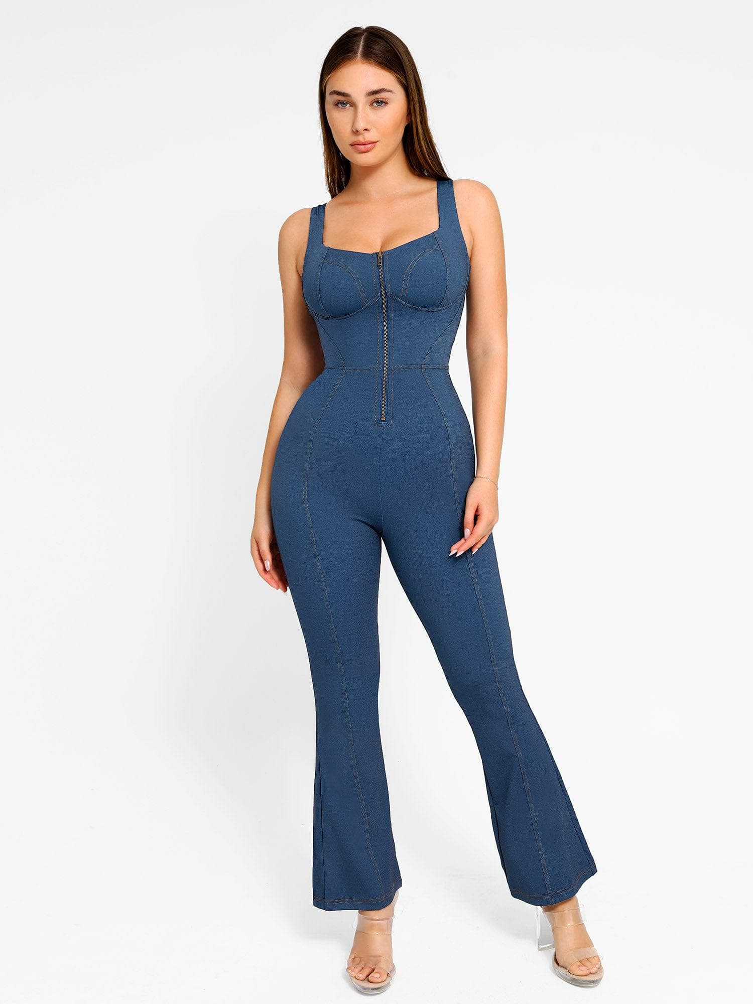 Shapewear Sculpting Denim Tank Flare Leg Jumpsuit | Popilush
