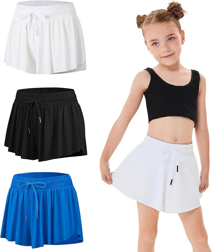 3 Pack Girls Flowy Shorts with Spandex Liner 2 in 1 Youth Junior Butterfly Skirts for Fitness Run... | Amazon (US)