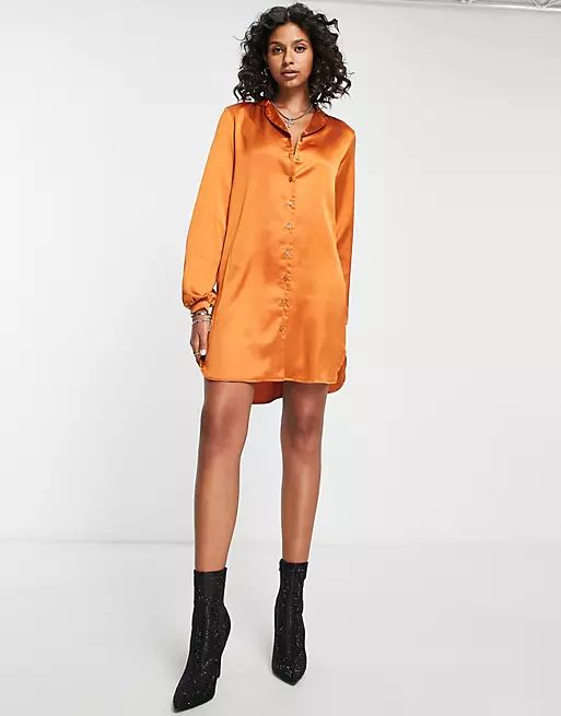 Flounce London Tall satin mini shirt dress in burnt orange | ASOS (Global)