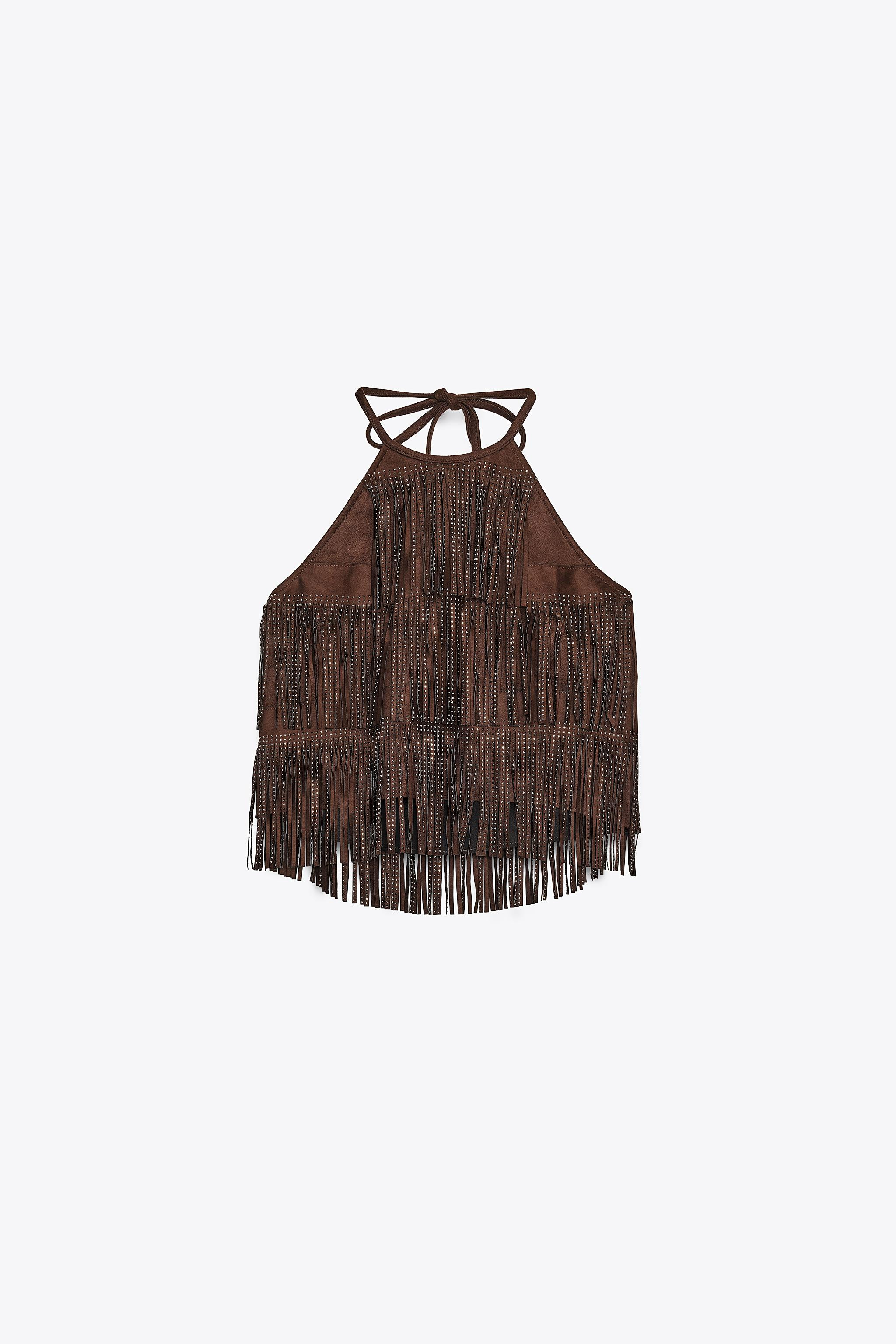 SHIMMER FAUX SUEDE FRINGE TOP | Zara US