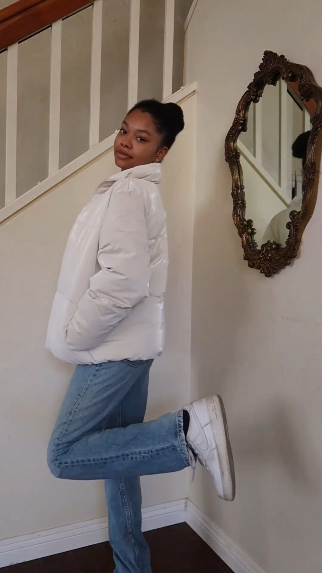 white puffer jacket, straight leg jeans, zara jeans, white sneakers, nike air force 1s, black crop top, skims dupe, scoop neck crop top

fall fashion, winter fashion, fall outfit, winter outfit 

#LTKstyletip #LTKVideo #LTKfindsunder100