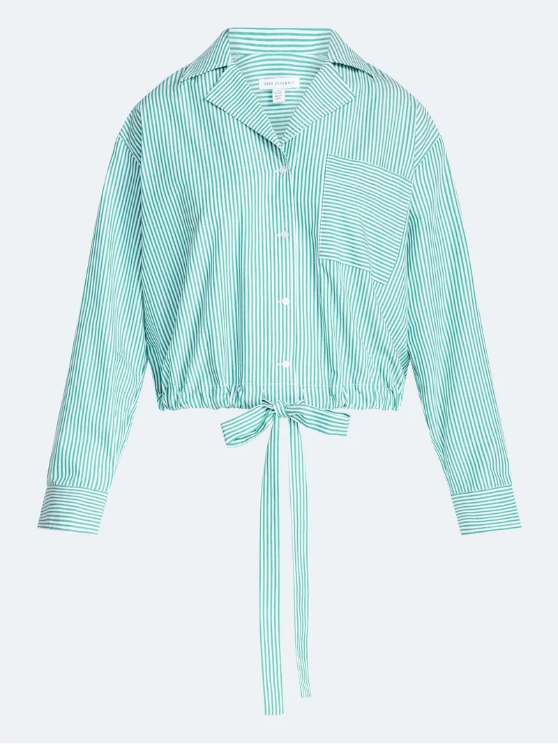 Free Assembly Women's and Women's Plus Cotton Poplin Tie Waist Shirt with Long Sleeves, Sizes XS-... | Walmart (US)