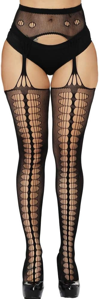 Women's High Waist Fishnet Tights Suspenders Pantyhose Thigh High Stockings Black | Amazon (US)