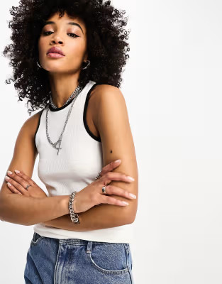 Only exclusive contrast binding high neck ribbed top in white and black | ASOS (Global)