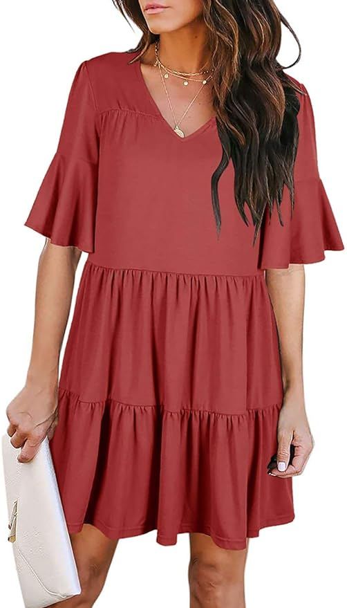 Berryou Women's 3/4 Bell Sleeve Shift Dress V-Neck Mini Dress Summer Casual Dress | Amazon (US)
