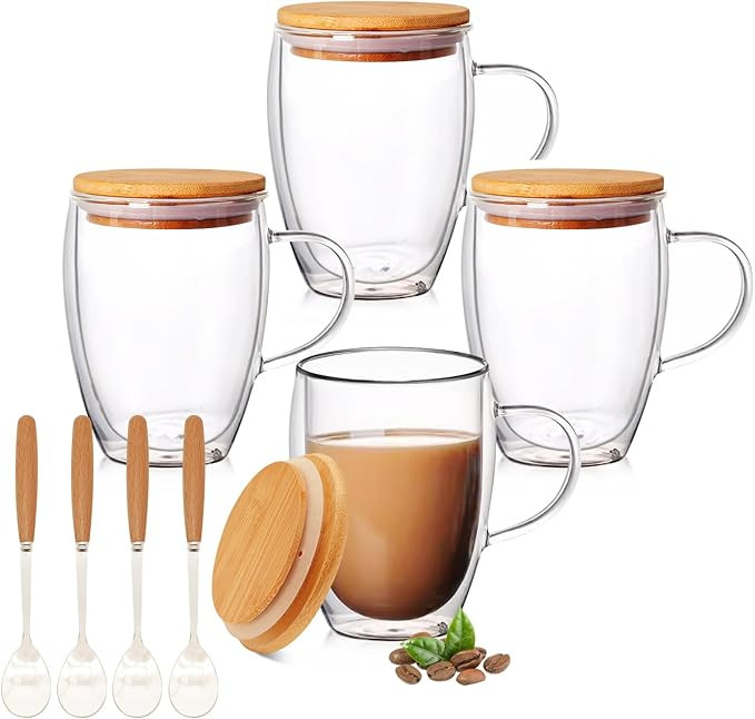 4 Pack 12oz Double Walled Glass Coffee Mugs with Bamboo Lid/Spoon, Clear Coffee Cups and Mugs Set... | Amazon (US)