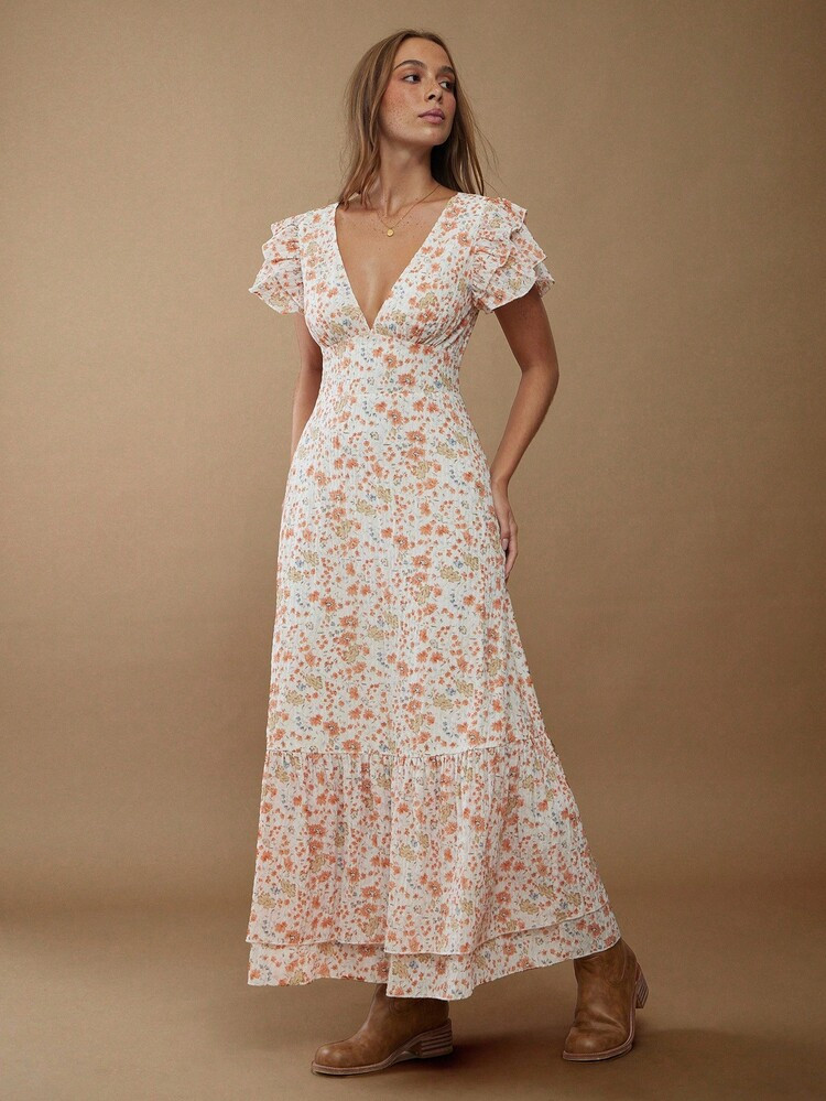 WESTFADE Floral Print Chiffon V Neck Flutter Sleeve Tiered Ruffle Maxi Dress – Cute Fall Autumn Winter Spring Summer Long Dress, Cottagecore Farmhouse Country Style, Western Chic Nashville Country Concert Outfit, Boho Wedding Guest, Bridal Shower, Outdoor Festival, Ranch, Cowgirl Dress, Midwest Fashion Casual Wear For Women | SHEIN
