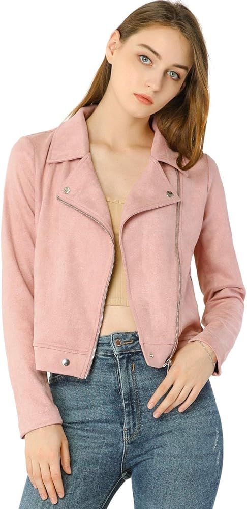 Allegra K Women's Short Soft Zip Up Faux Suede Biker Moto Jacket | Amazon (US)