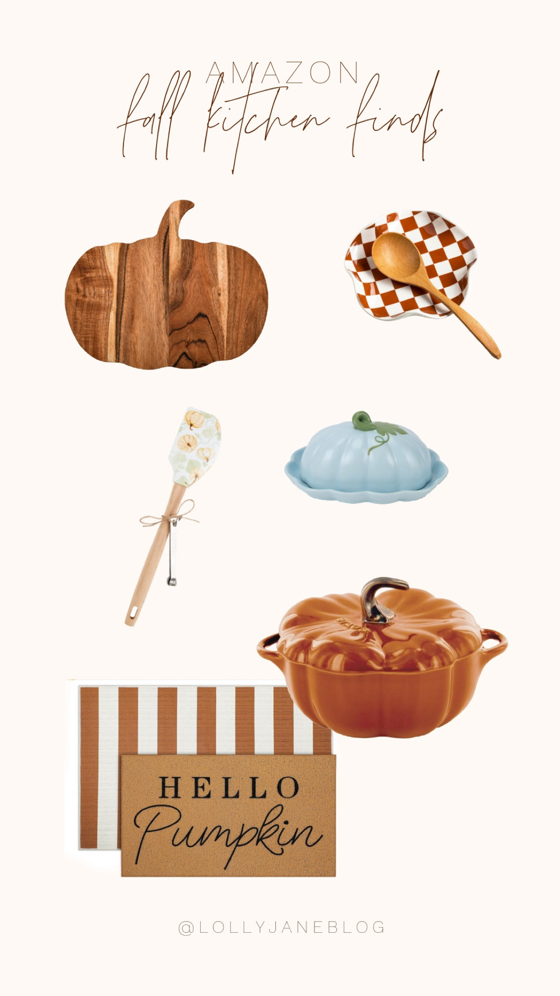 Fall in love with autumn essentials! Our pick of pumpkin-shaped wooden cutting board, checkered spoon holder, baby blue pumpkin butter dish, pumpkin-themed spatula, pumpkin-shaped crockpot, and adorable pumpkin welcome mat are here to make your fall cozy and charming. 🍁✨ These cute and functional pieces will add a touch of seasonal magic to your kitchen and home. Don’t miss out on making your fall festivities even sweeter! 🧡 #FallEssentials #PumpkinLove #AutumnVibes

#LTKSeasonal #LTKHome #LTKStyleTip