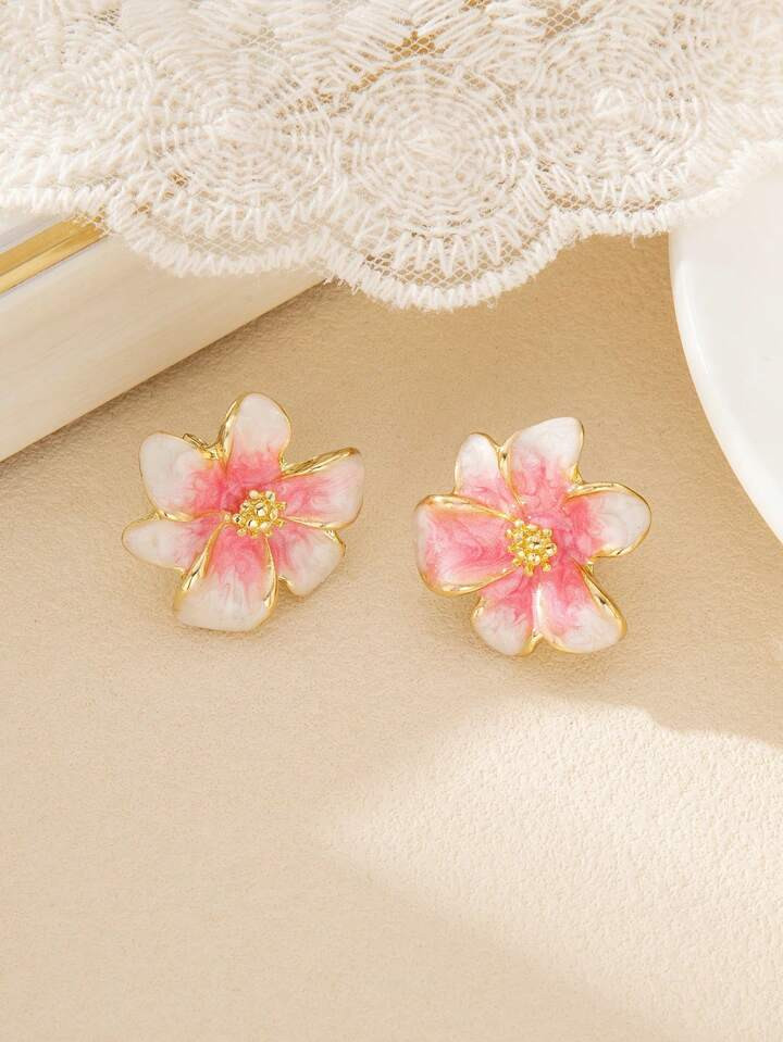 1 Pair Retro Elegant Gradient Flower Enamel Clip Earrings, 3D Delicate Design, Gentle Vibe Suitab... | SHEIN