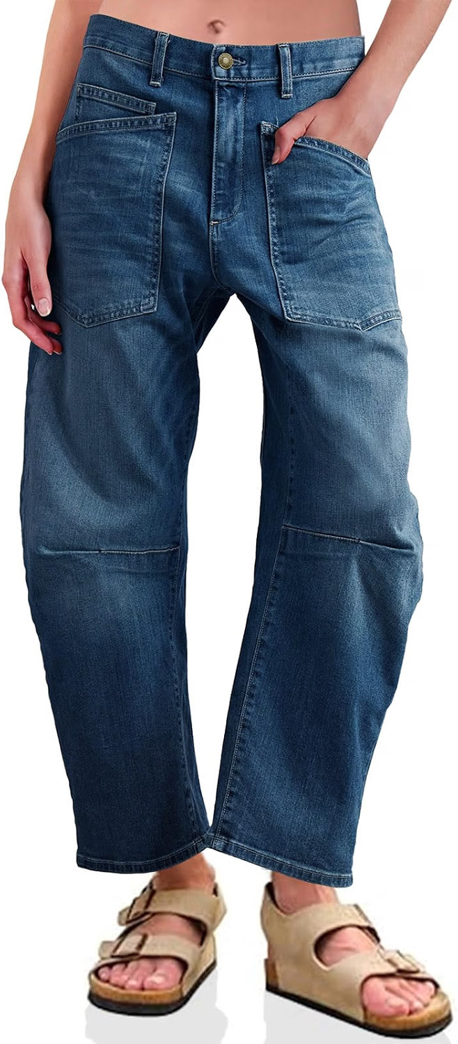 Womens Barrel Jeans High Waisted Baggy Boyfriend Wide Leg Denim Pants with Pockets | Amazon (US)