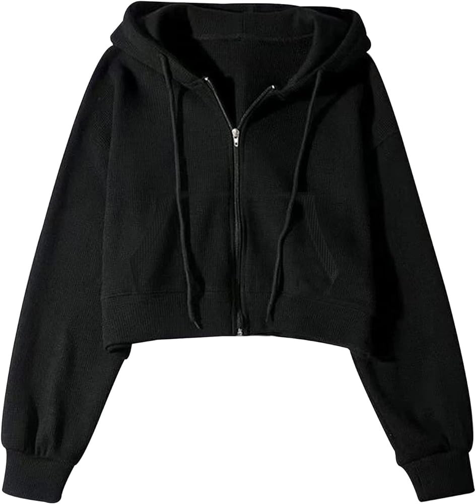 Yimoon Womens Waffle Knit Cropped Zip Up Hoodie Vintage Sweatshirt Casual Long Sleeve Hooded Swea... | Amazon (US)