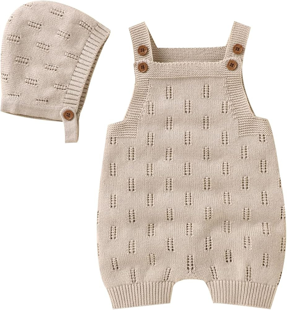 LAWKUL Baby Knit Romper Sleeveless 100% Cotton Jumpsuit with Hat Newborn Outfits Overall Bodysuit... | Amazon (US)