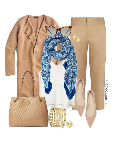 Plus Size Spring Work Capsule 2024 - Part 2 - Plus size camel pants and cardigan with a printed scarf. Alexa Webb #plussize

#LTKworkwear #LTKplussize #LTKSeasonal
