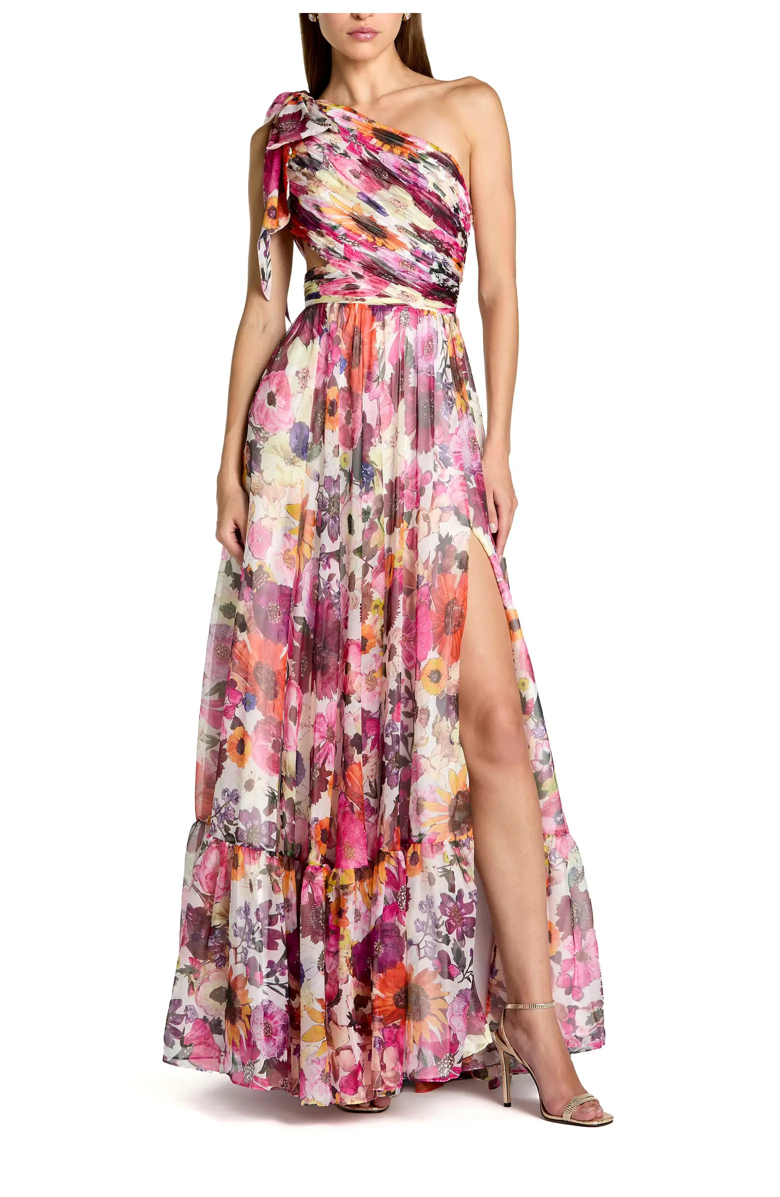 Floral One-Shoulder Cutout Chiffon Evening Gown | Nordstrom