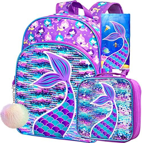3PCS Mermaid Backpack for Girls, 16" Sequin Prechool Elementary Bookbag and Lunch Box | Amazon (US)