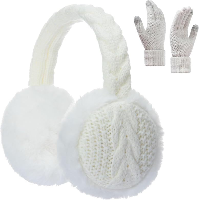 Womens Knitted Fuzzy Earmuffs and Touch Screen Gloves Set, Winter Warm Headband Ear Warmer Earmuf... | Amazon (US)