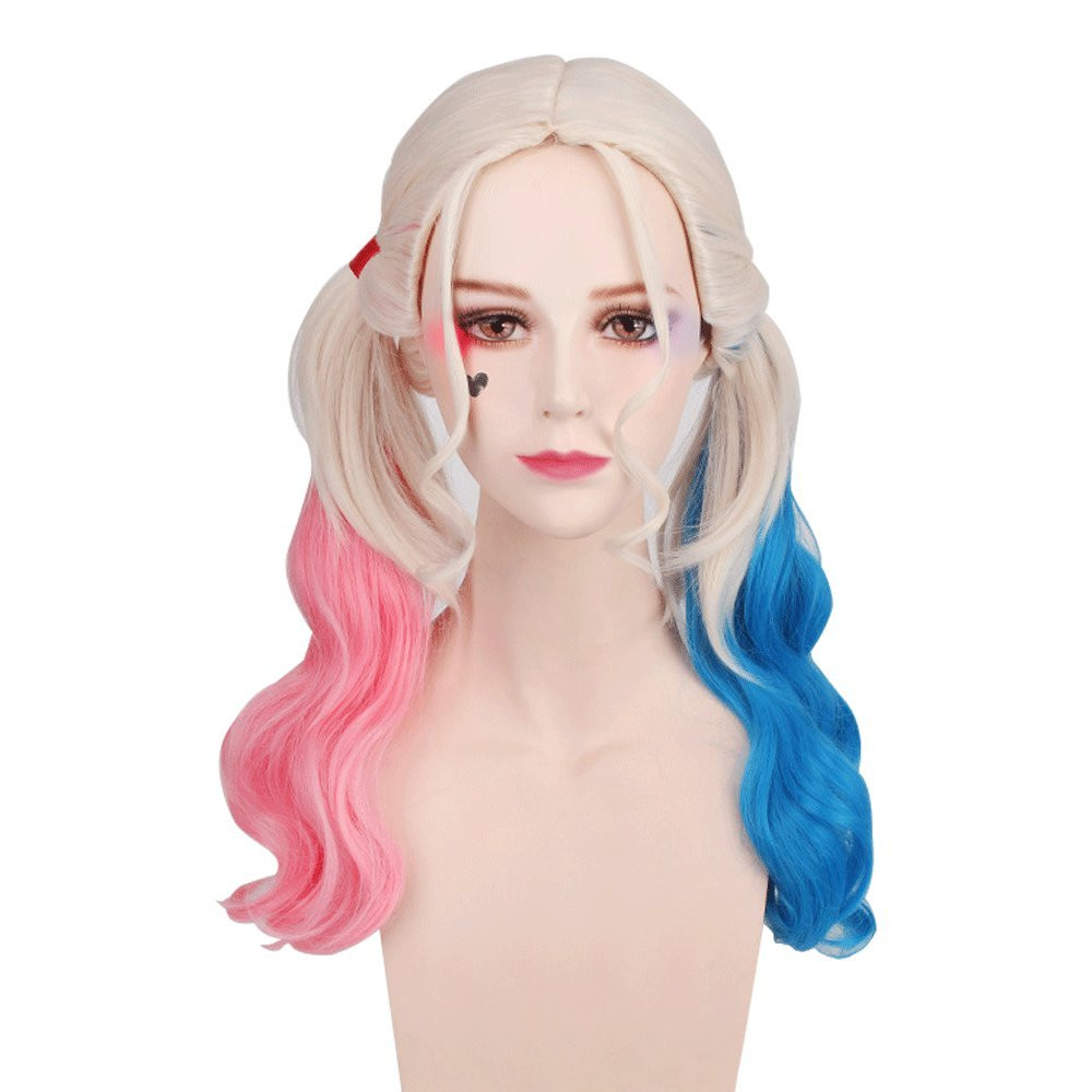 Qaccf Long Curly Cosplay Wig with Ponytails for Cosplay Costume Halloween Party (Blue Pink Mix) | Amazon (US)