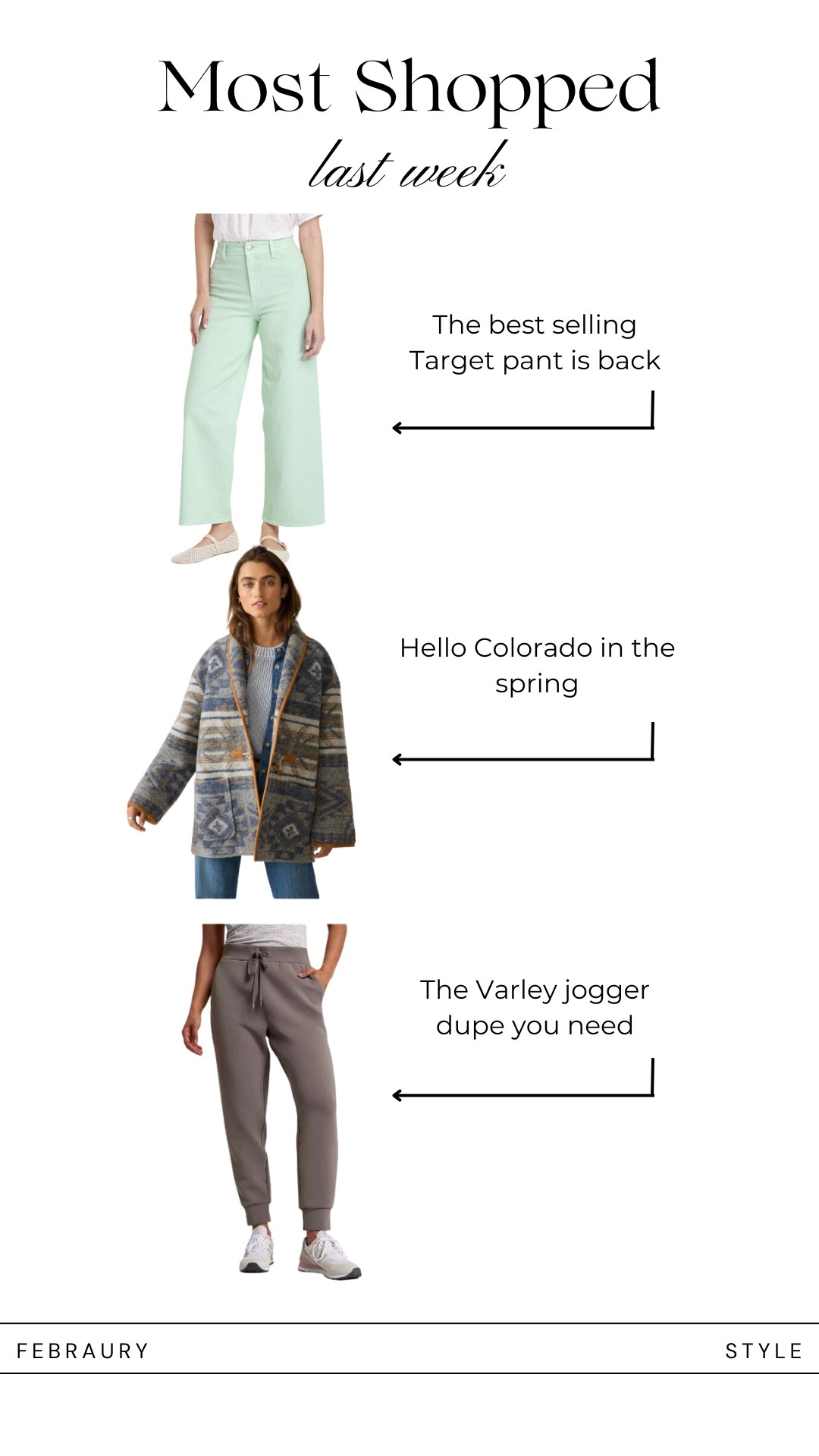 The most shopped styles last week!  The best selling wide leg pants and jean, this jacket I need and my favorite Varley dupe joggers.

Weekend outfits | spring outfits 

#LTKActive #LTKStyleTip #LTKSeasonal